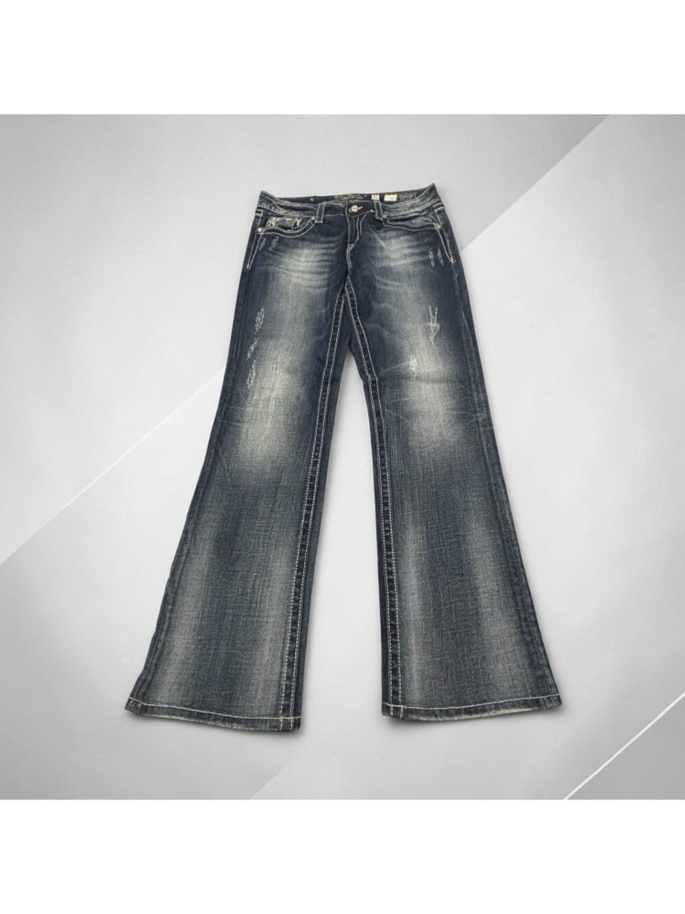 Miss Me Womens 32 Distressed Rhinestone Thick Stitch Easy Boot Cut Flared Jeans